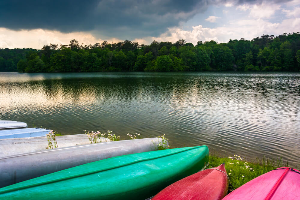 Canoes along the shore of Prettyboy Reservoir in Baltimore, Maryland.-1